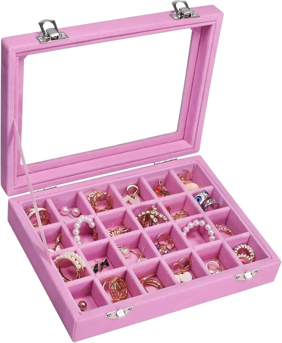 Pink velvet jewelry box with a clear glass lid and 24 grids
