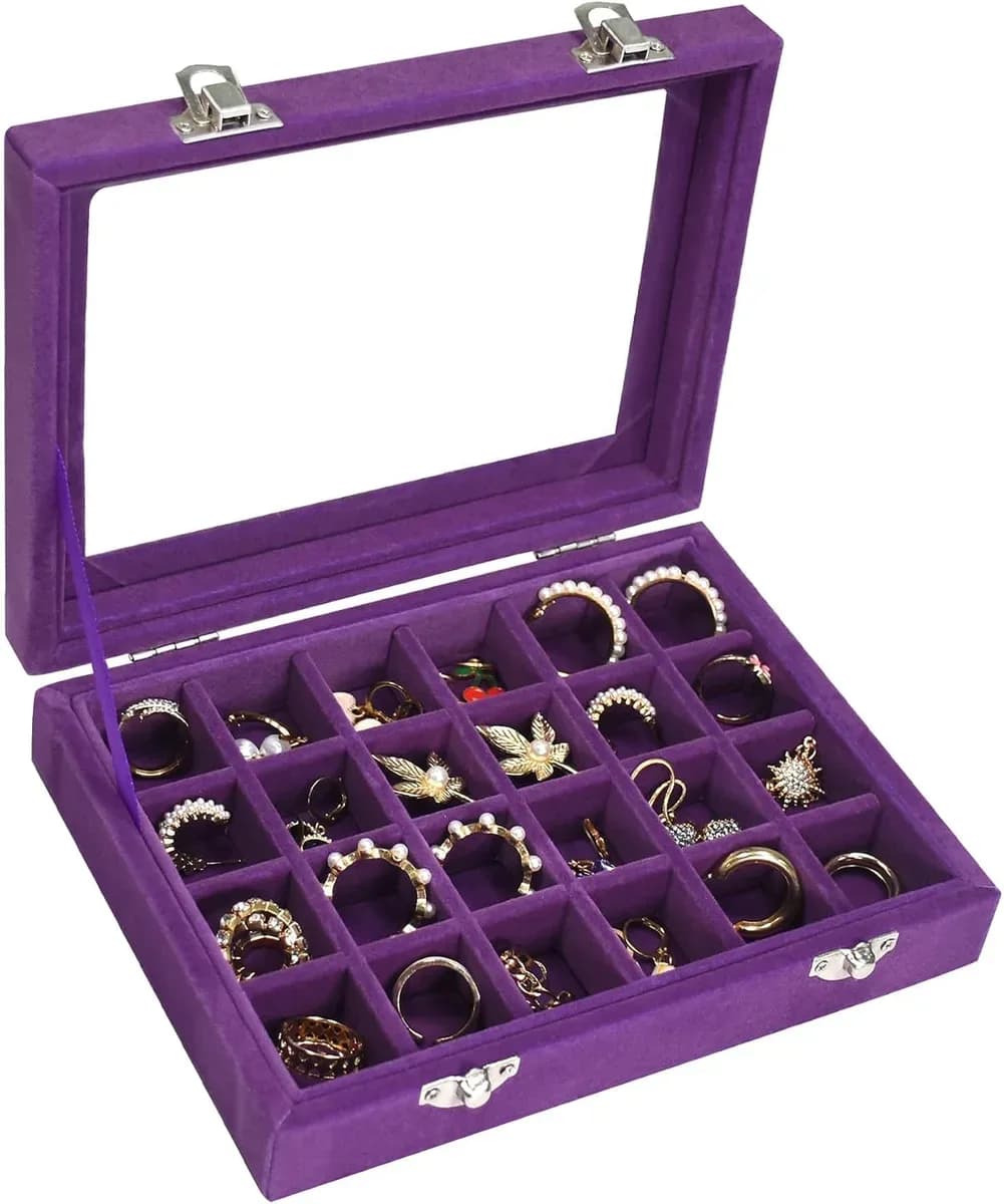 Purple velvet jewelry box with glass lid and removable dividers