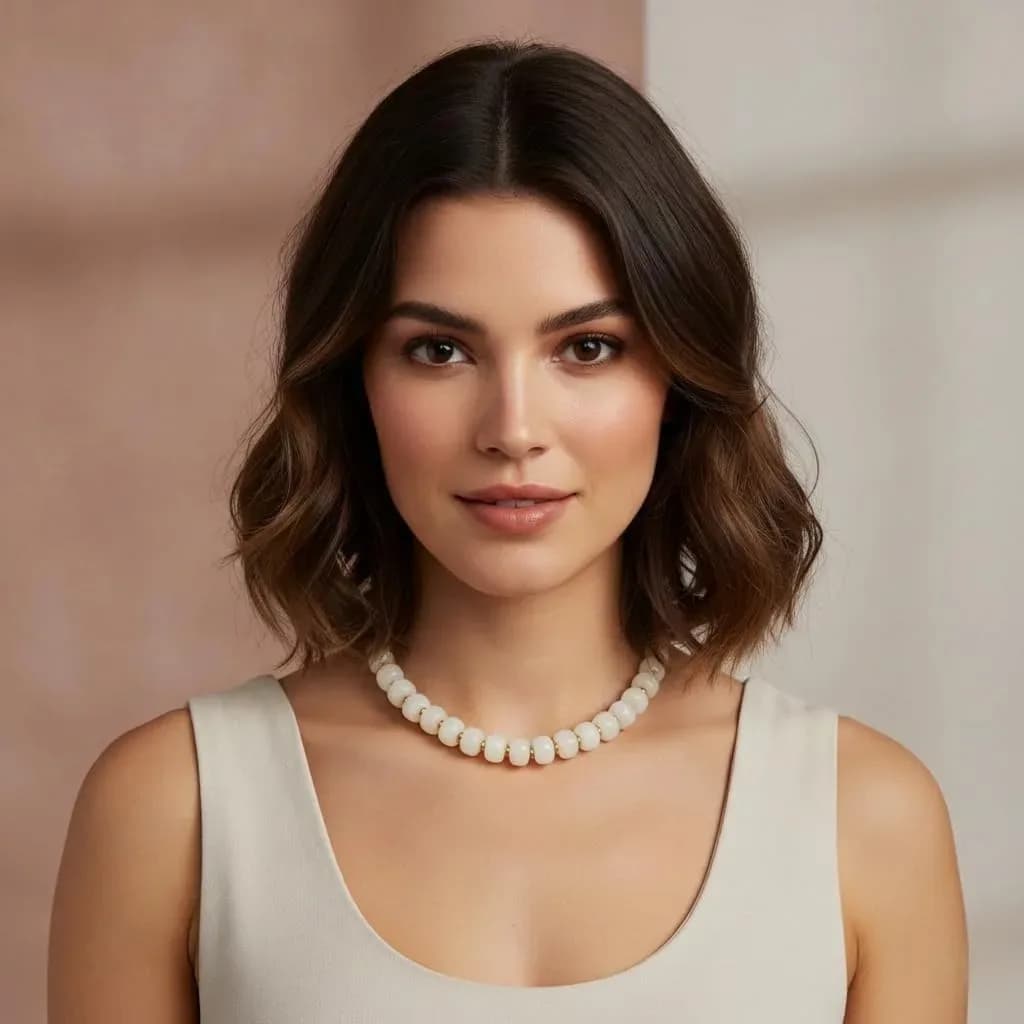 Woman wearing the white chunky beaded necklace