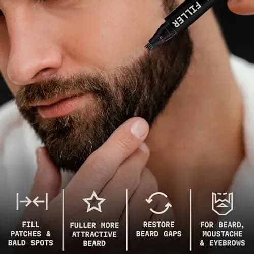Beard filler pen in use filling a patchy beard