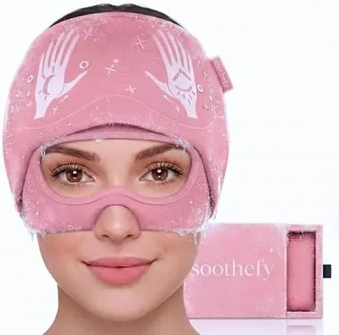 Gel migraine relief cap with built-in eye mask