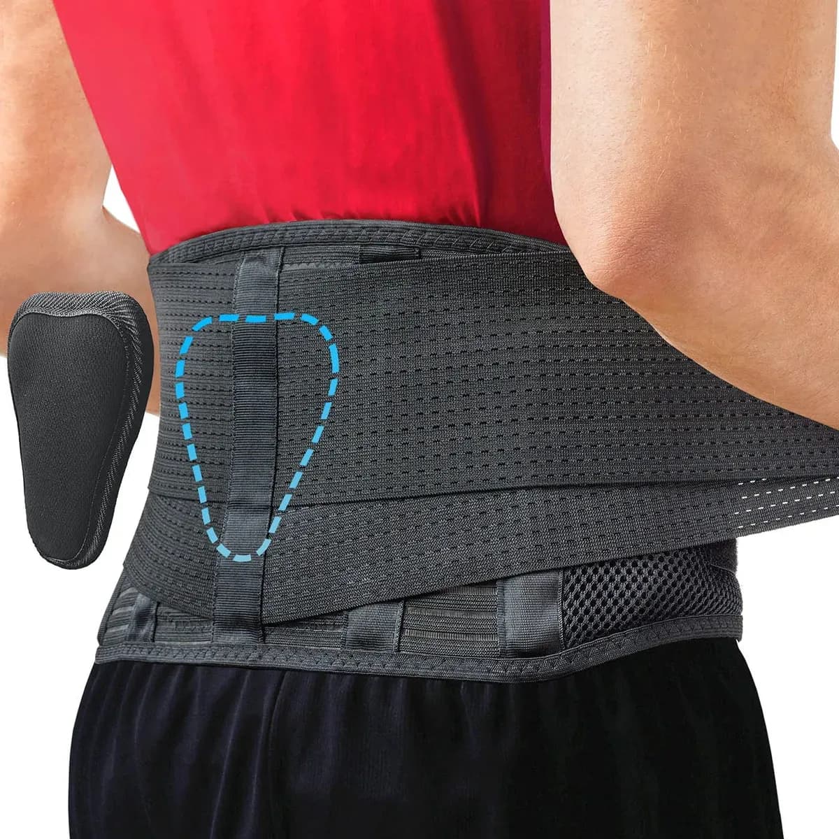 Black lower back brace with adjustable lumbar pad