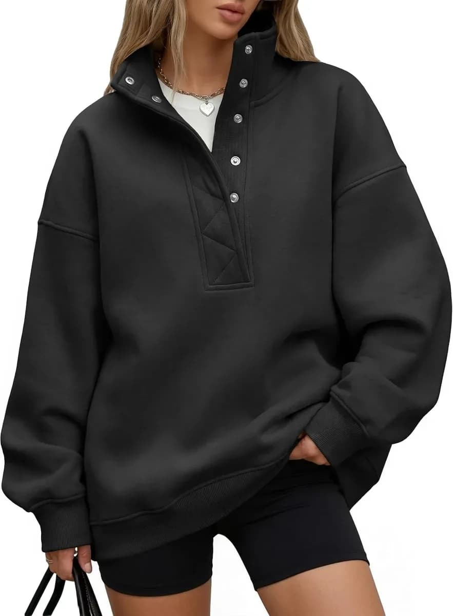 Black oversized henley sweatshirt with a stand collar
