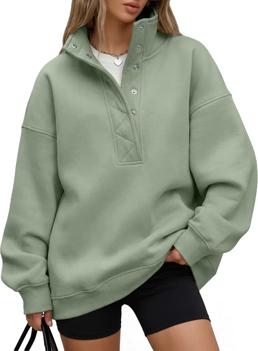 Green oversized henley sweatshirt, fleece lined pullover