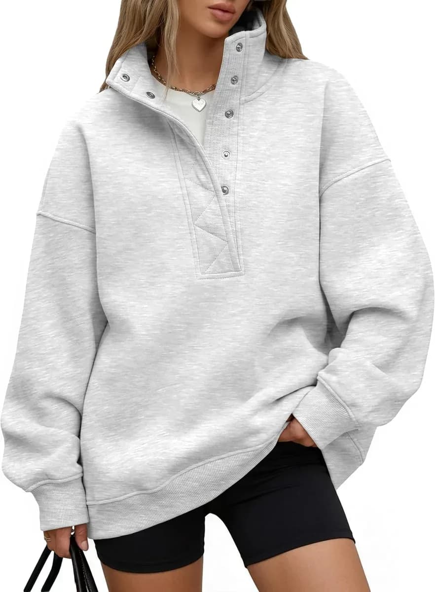 Grey oversized henley sweatshirt with ribbed cuffs