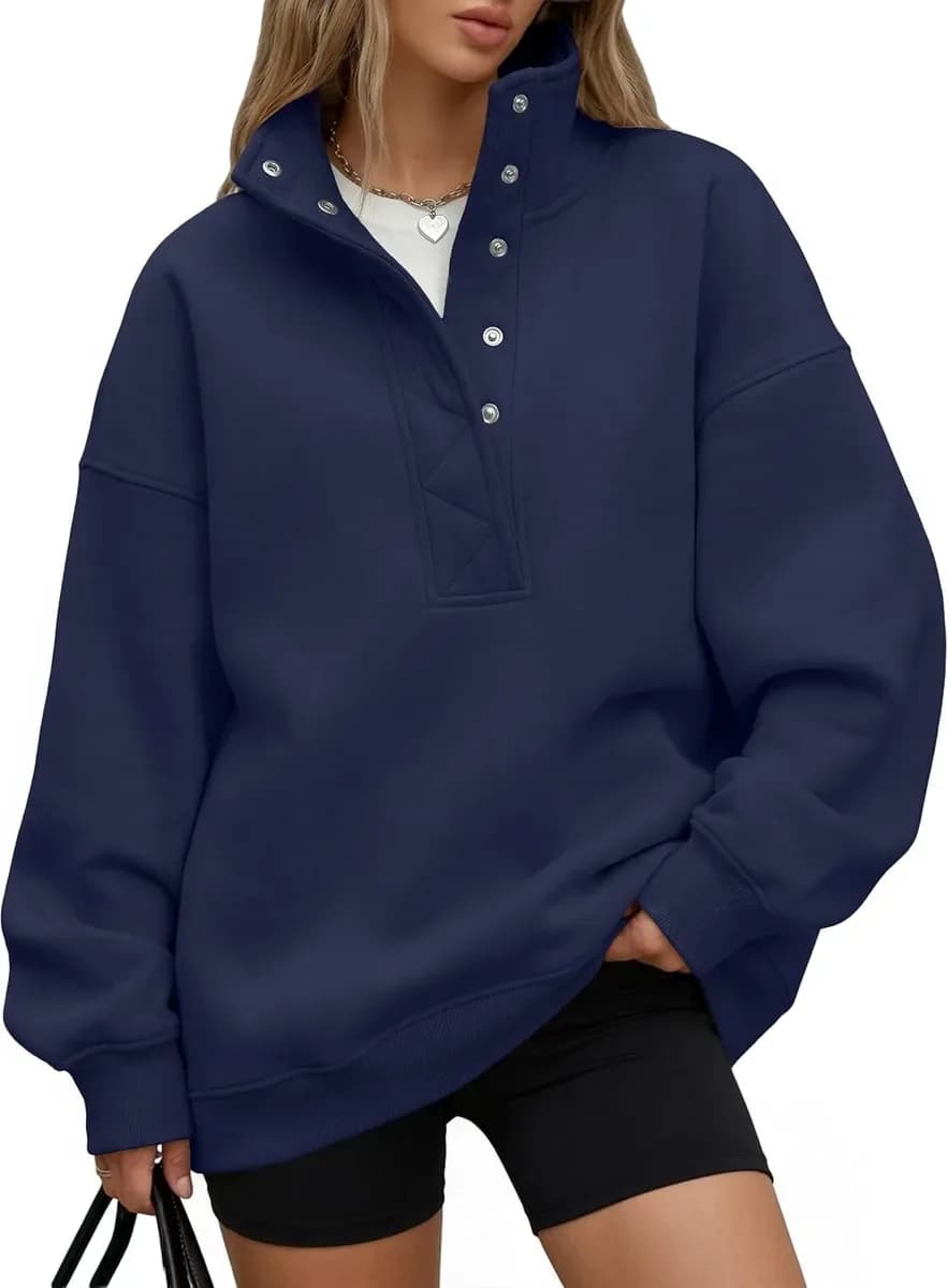 Navy blue oversized henley sweatshirt in hip length