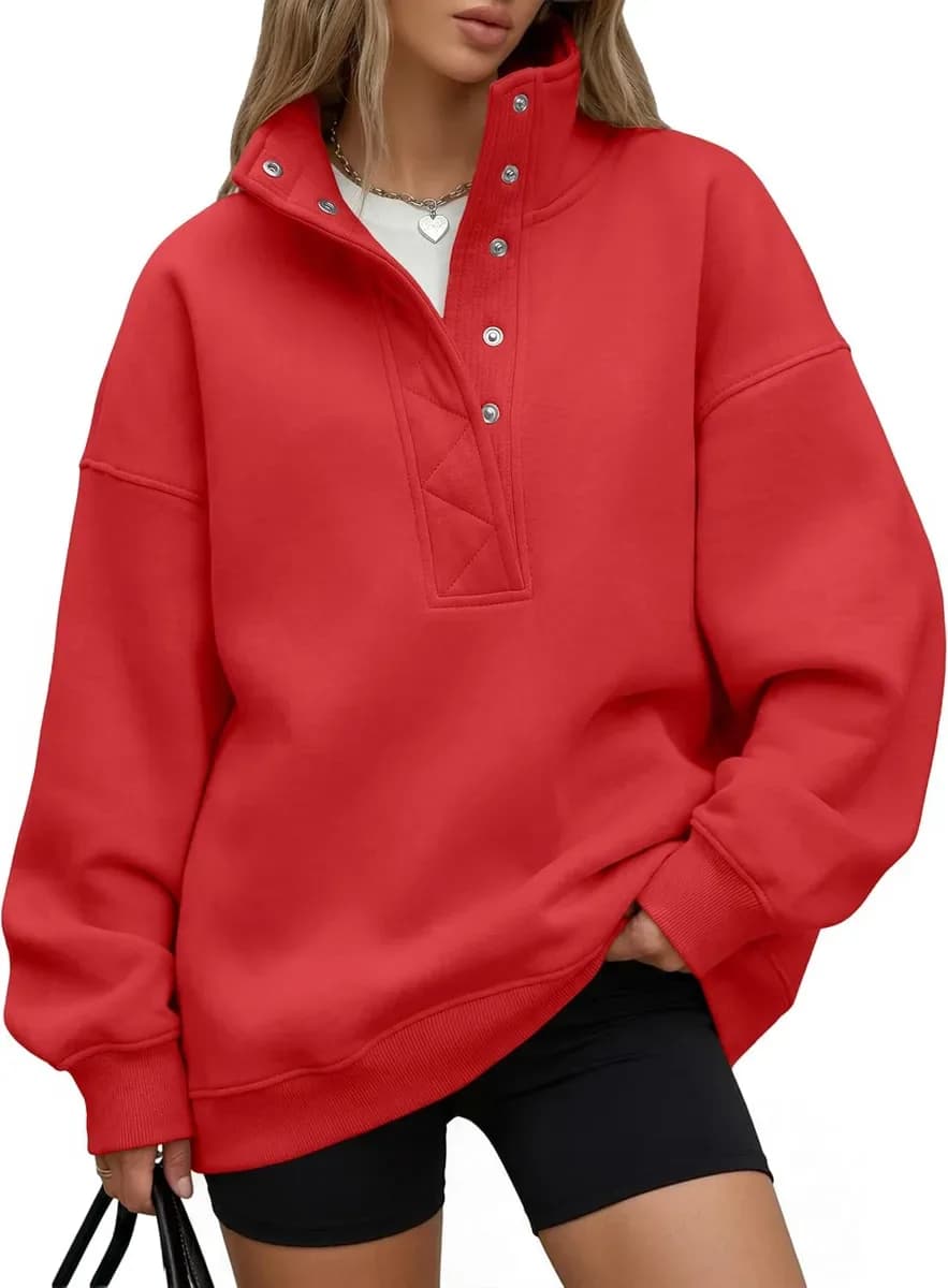 Red oversized henley sweatshirt with metal snap collar