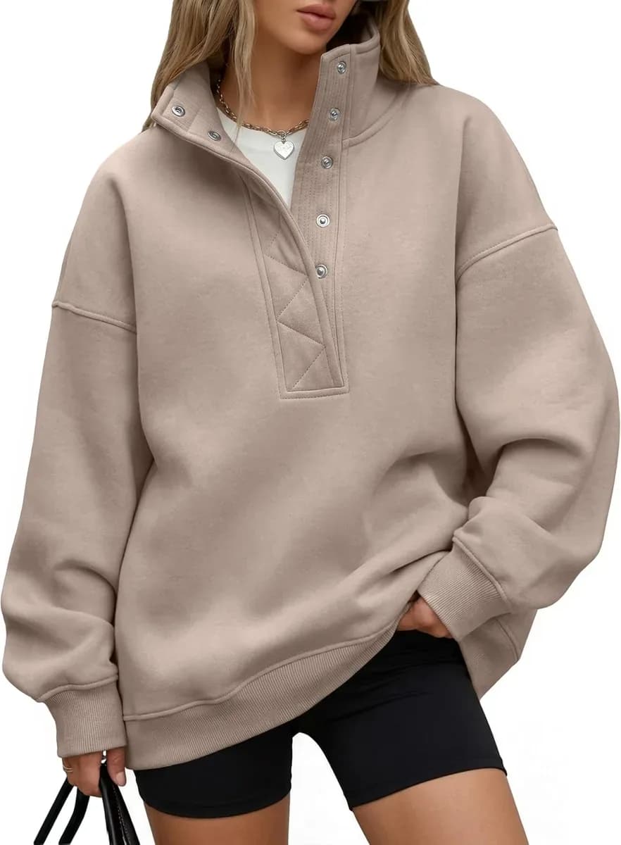 Taupe women's oversized henley sweatshirt with snap buttons