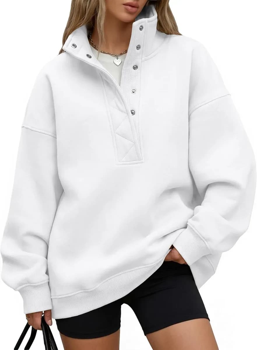 White oversized henley sweatshirt with drop shoulders