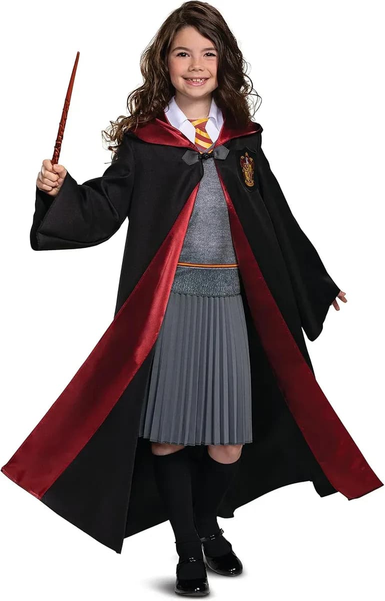 Girl posing in the full kids wizard school costume