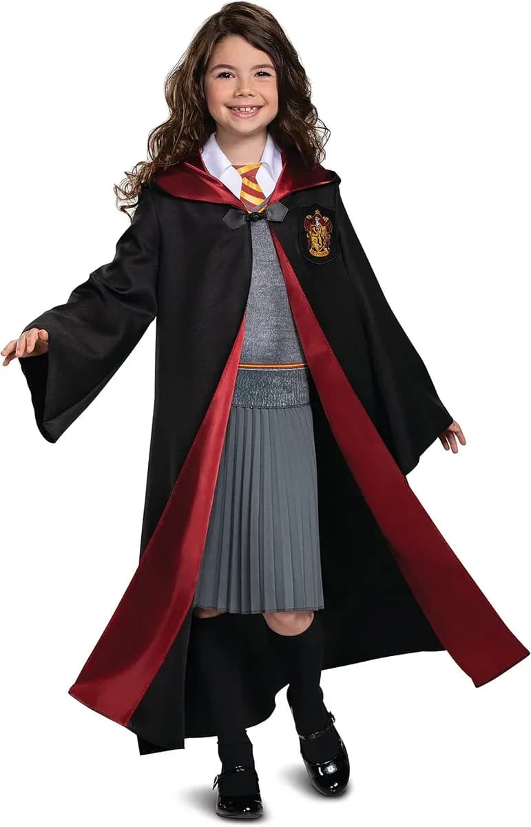 Girl wearing the robe of the kids wizard school costume