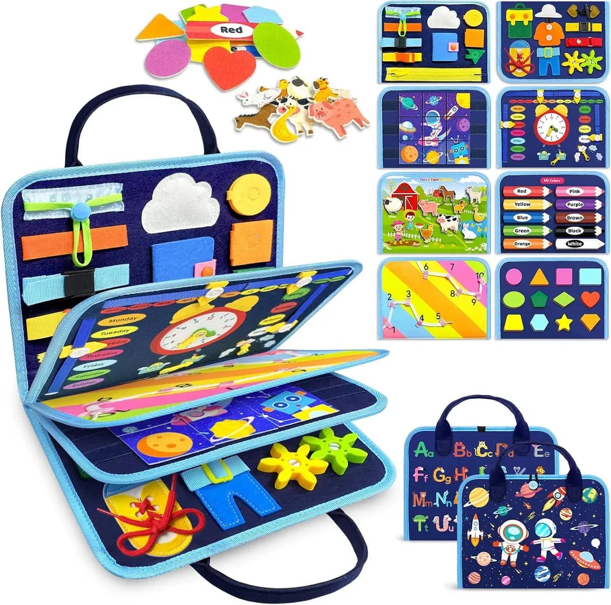 Blue 8-page Montessori busy board for toddlers, closed with handle