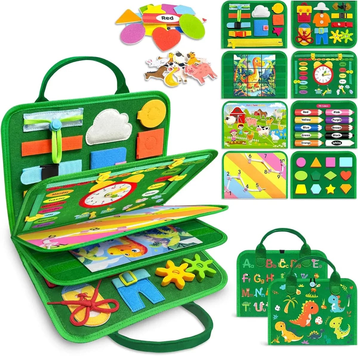 Green Montessori busy board, 8-page felt book for toddlers