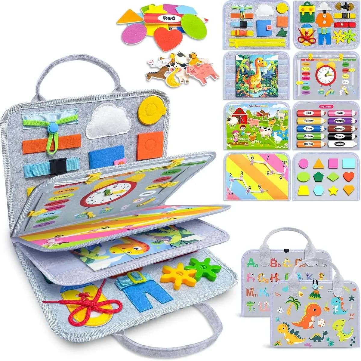 Grey Montessori busy board with 8 pages of learning activities