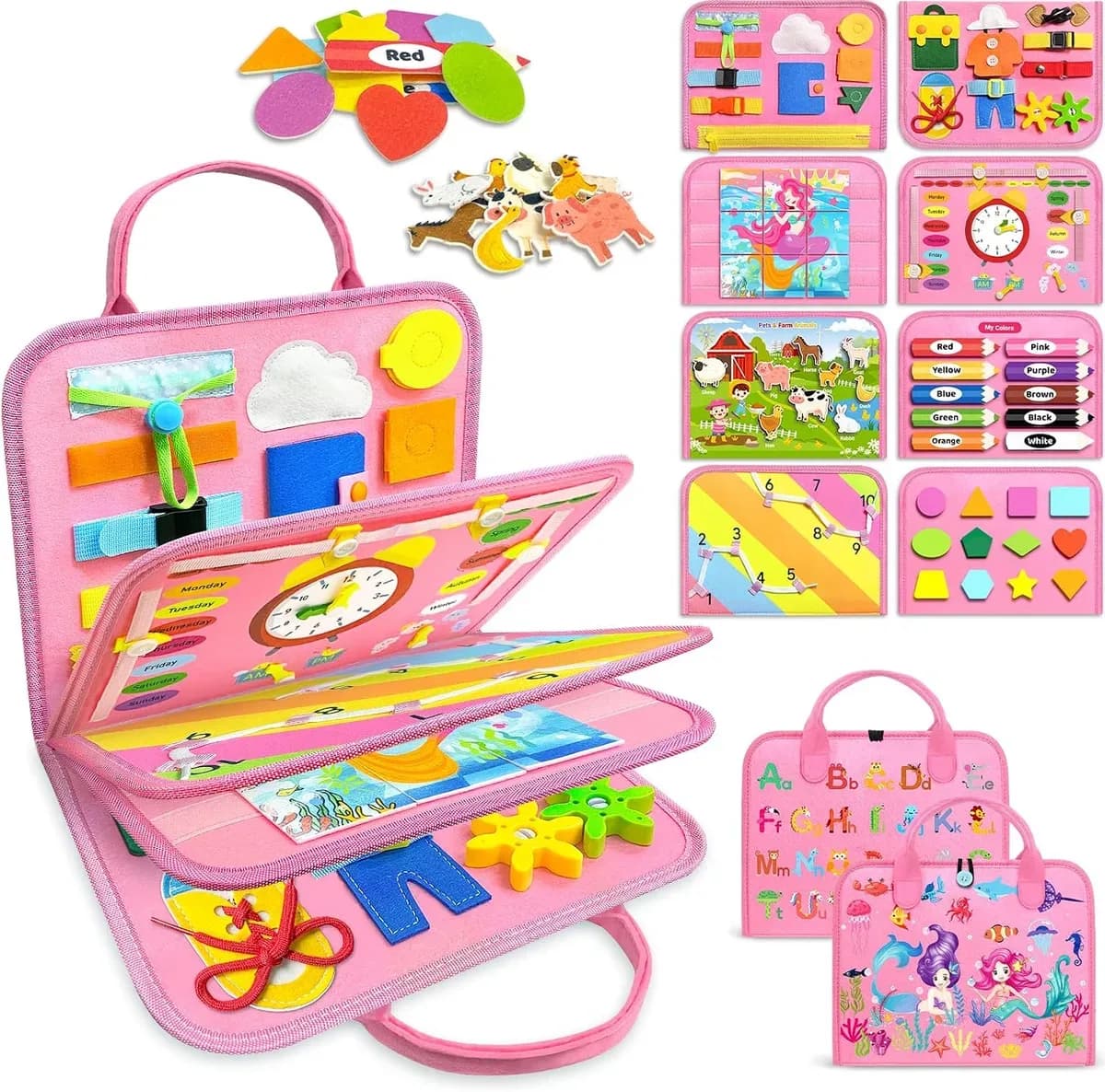 Pink Montessori busy board with 8 felt activity pages