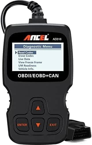 Handheld OBD2 scanner with screen, buttons and attached cable