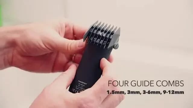Body hair trimmer package contents with guards, brush and cable