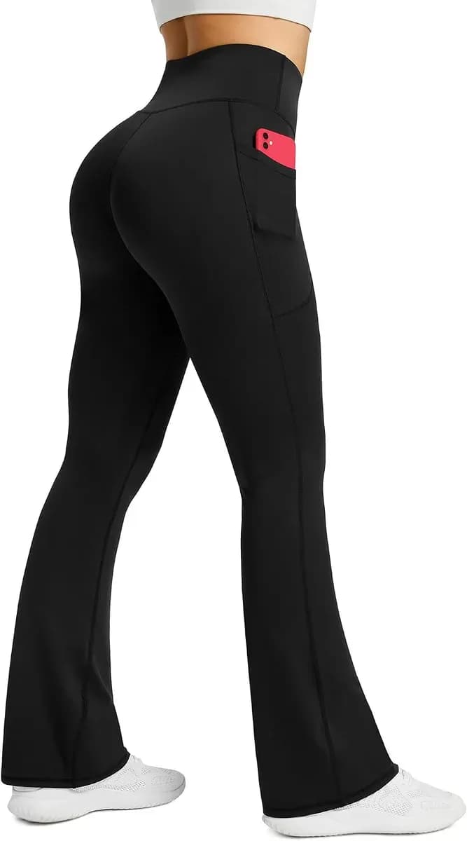 Black flare yoga pants with pockets and a high waistband