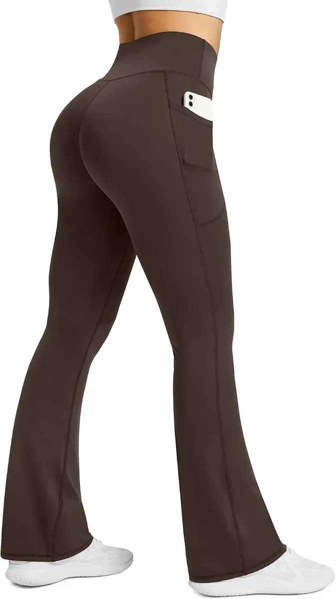 Brown flare yoga pants with side pockets