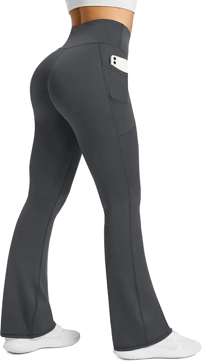 Dark grey flare yoga pants with a seamless front