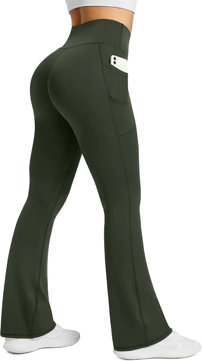 Olive green flare yoga pants for yoga and everyday wear