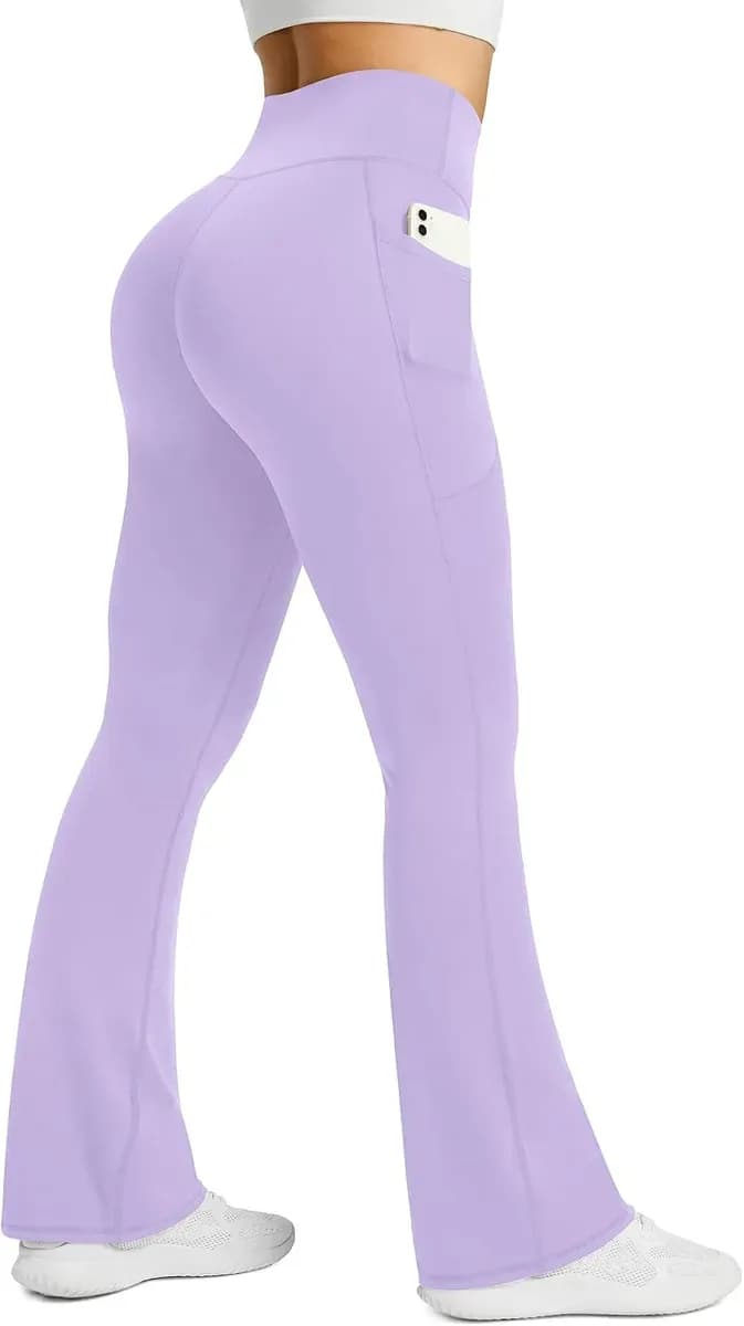 Purple flare yoga pants with a high rise waistband