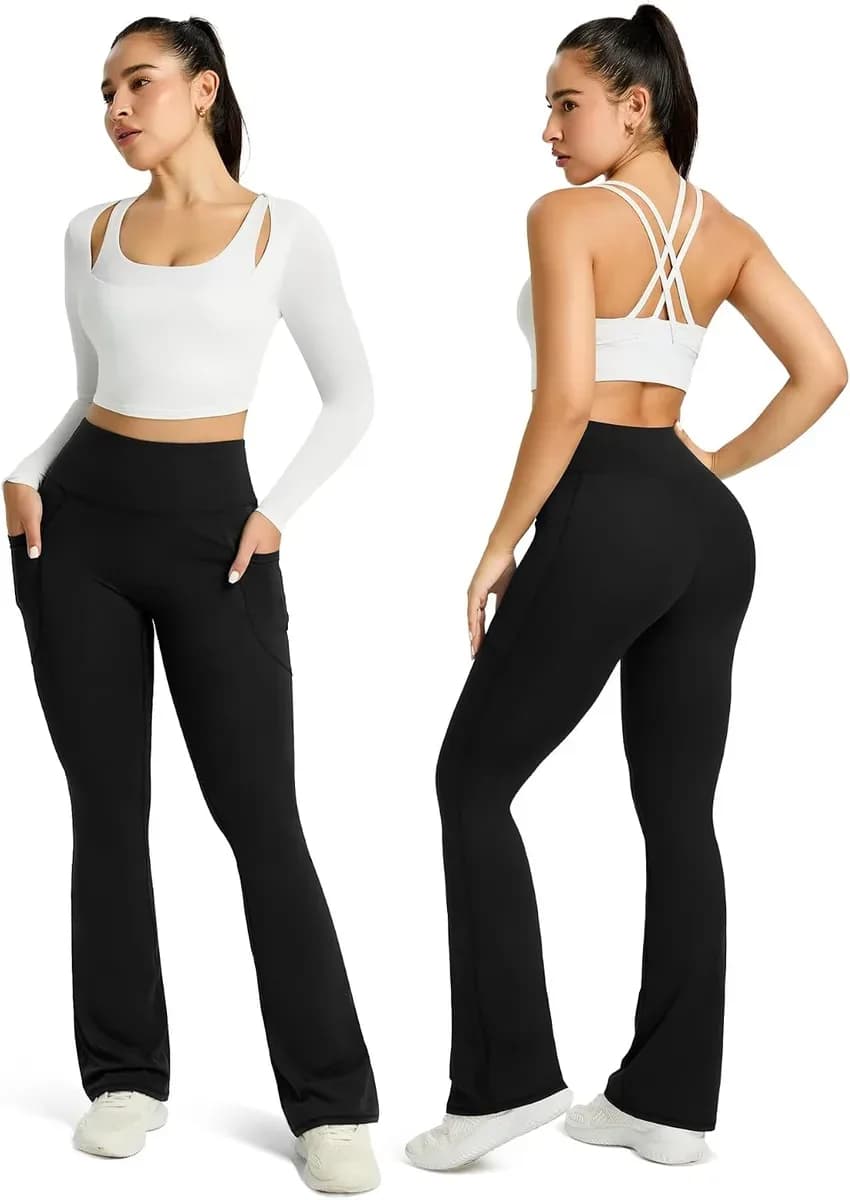 Two women wearing high waisted flare yoga pants