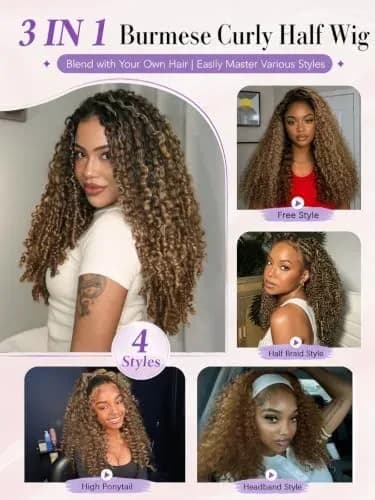 Close-up of the honey blonde curls on the ombre curly half wig