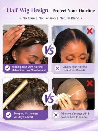 Key features of the glueless ombre curly half wig
