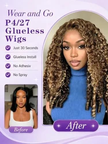 Woman wearing the ombre curly half wig with her natural hairline