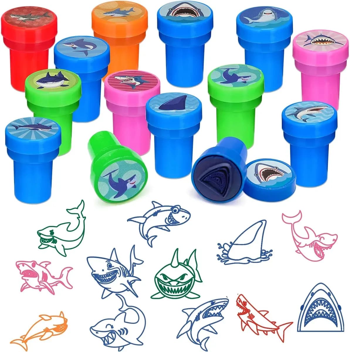 Self-inking stampers for kids featuring shark designs