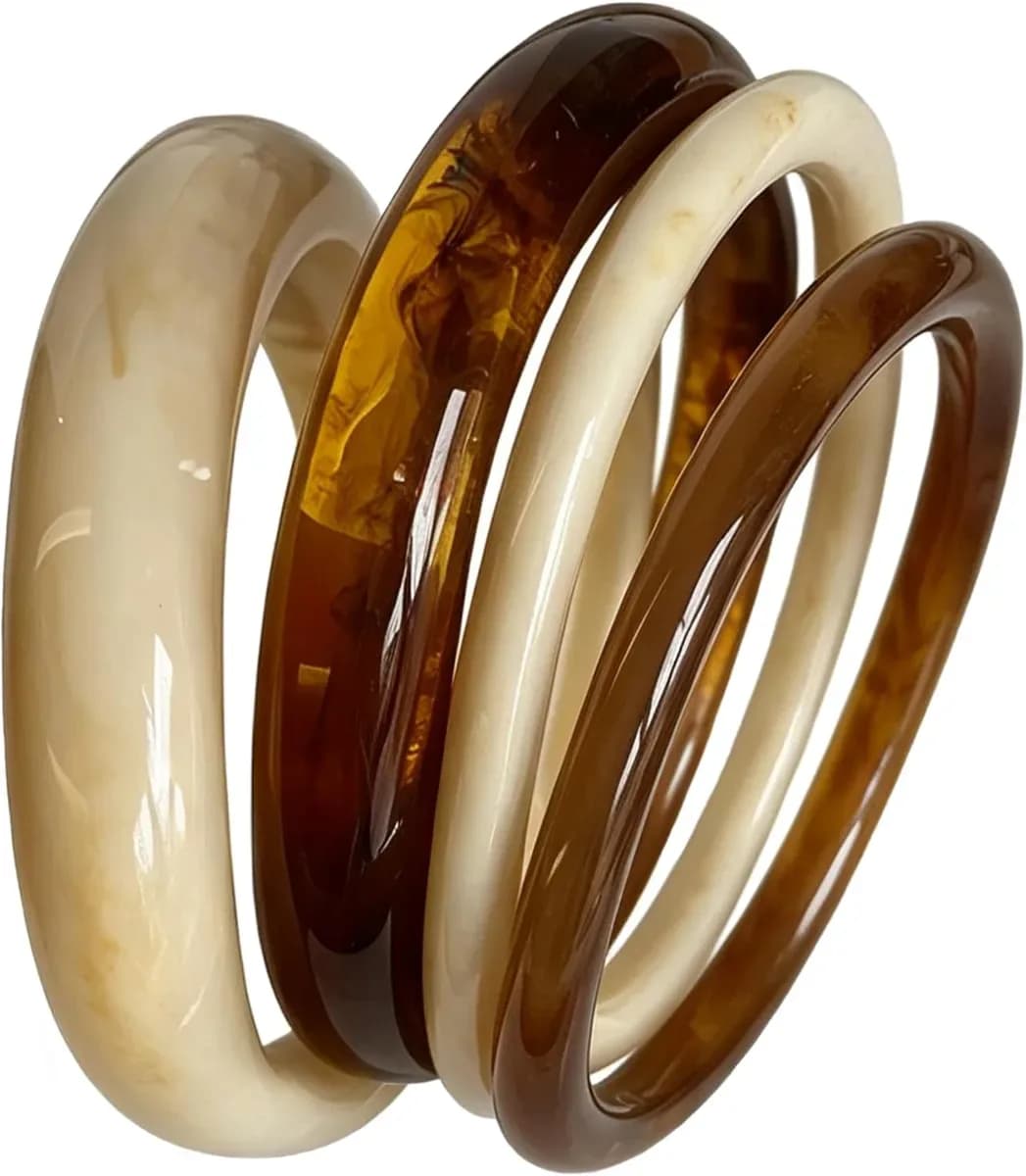 Set of 4 chunky resin bangles in amber and cream tones