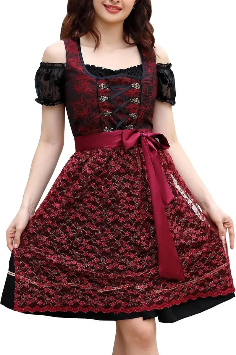 Burgundy jacquard dirndl dress with blouse and tie apron, front view