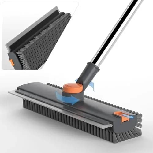Grey floor scrub brush with long handle and squeegee