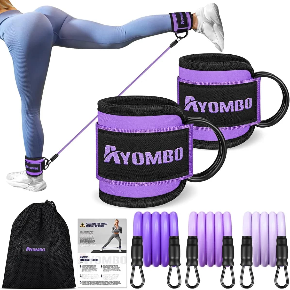 Purple ankle resistance bands with padded cuffs and carry bag