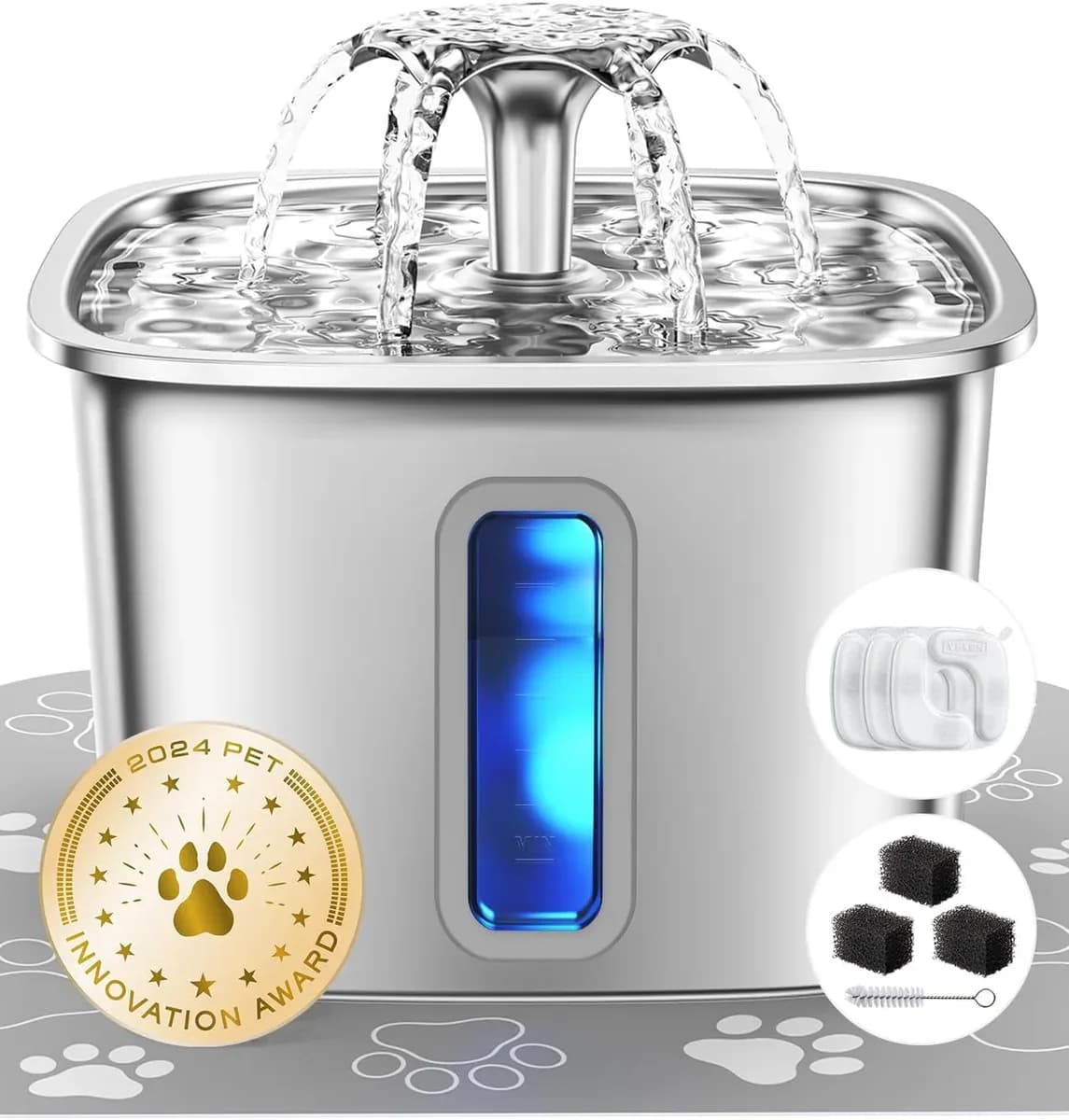 Silver stainless steel cat water fountain with blue LED water window
