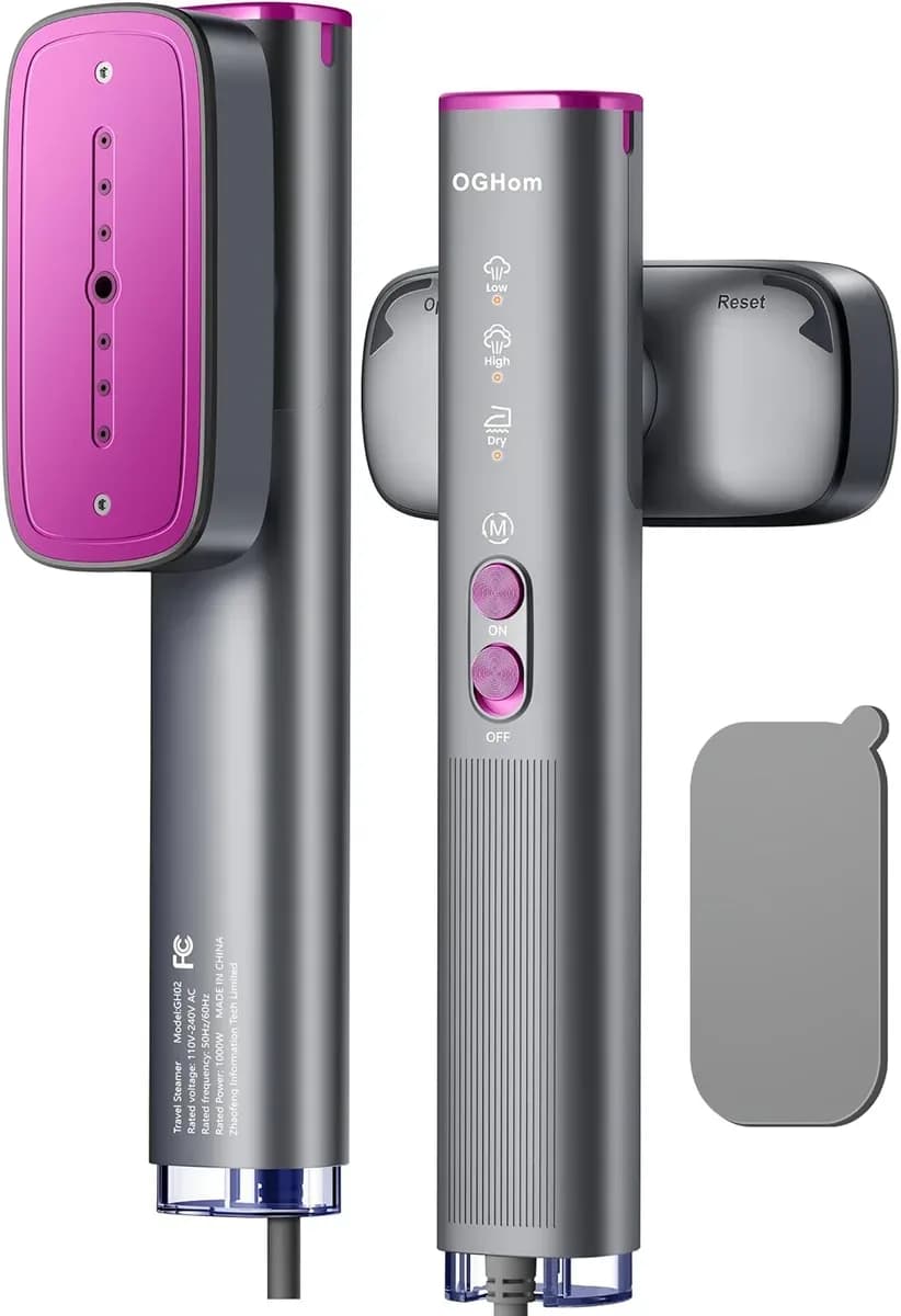 Grey travel steamer for clothes with its heat-resistant pad