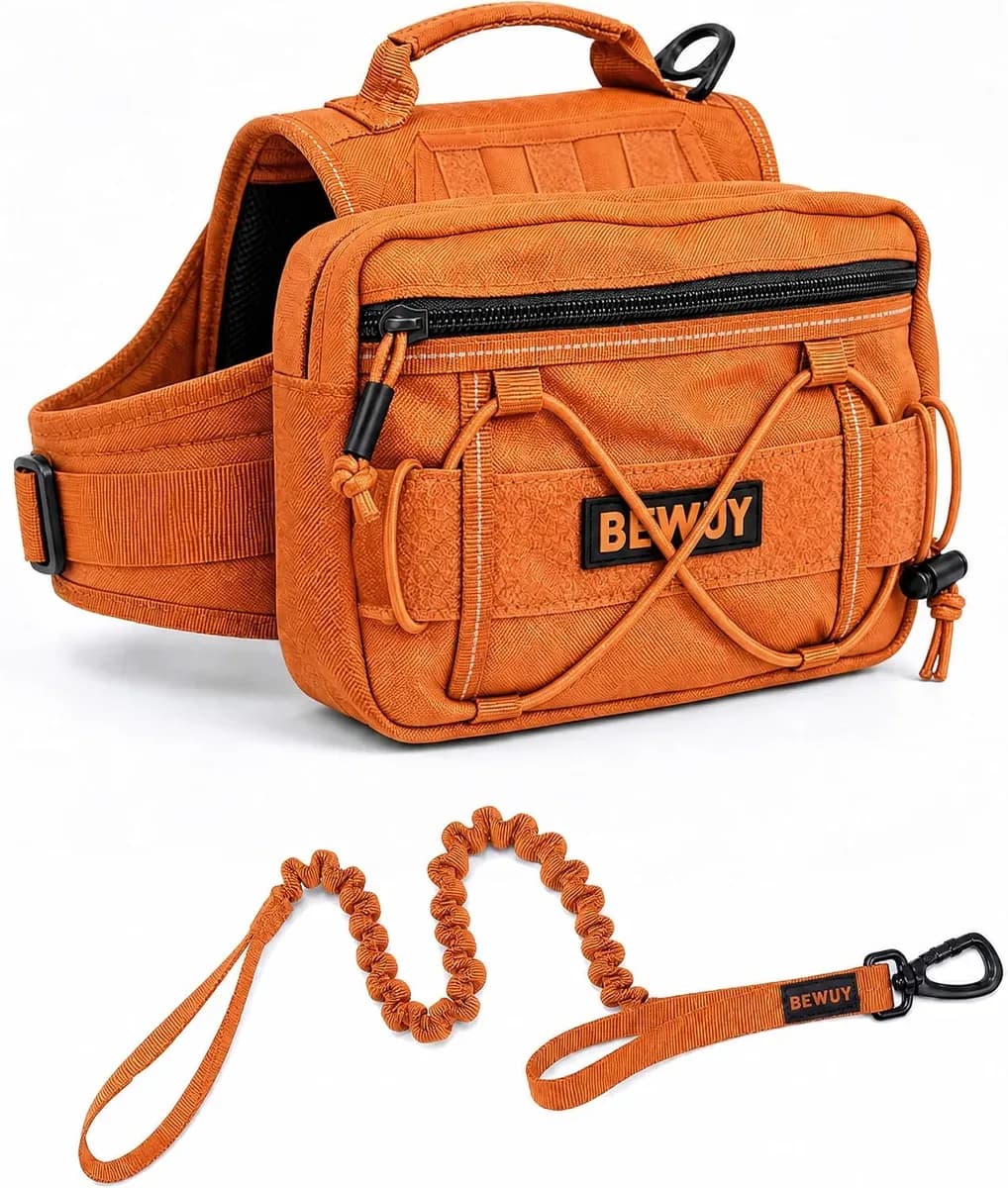 Orange tactical dog backpack harness with matching bungee leash