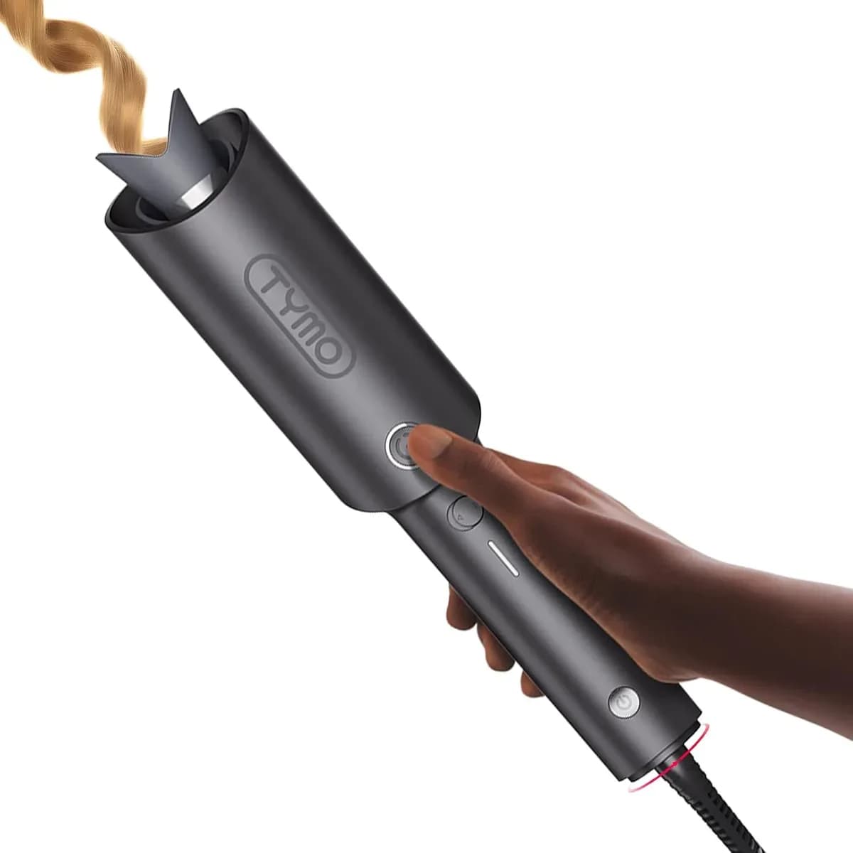 Automatic curling iron in metallic gray creating a curl