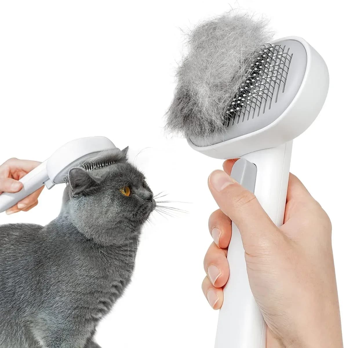 Grey cat being groomed with a self-cleaning cat brush