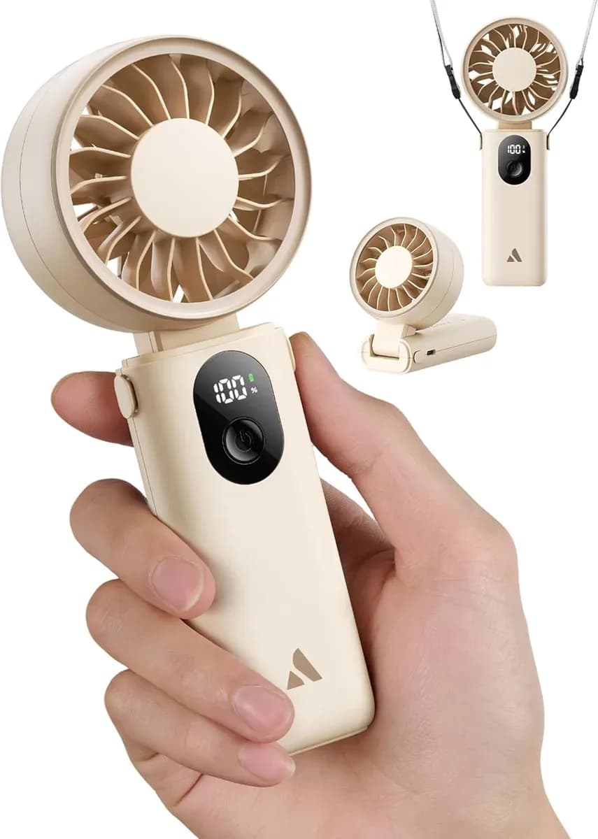 Beige portable handheld fan with digital battery and speed display