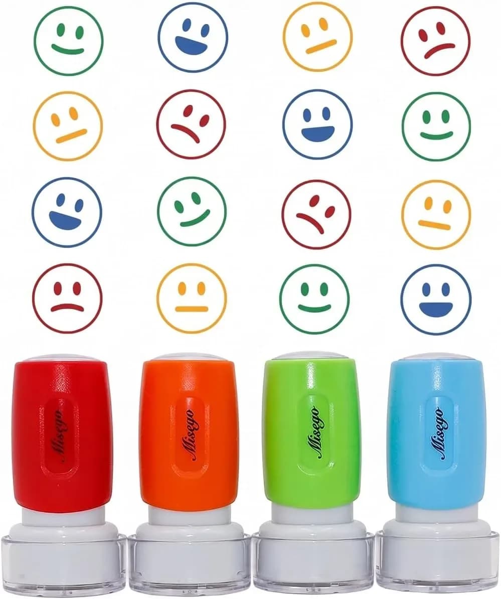 Teacher smiley face stamp set in four colors and moods