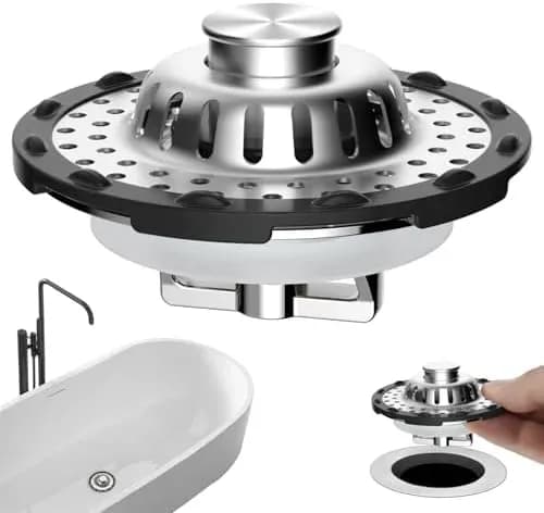 Chrome bathtub drain stopper with hair catcher basket on top