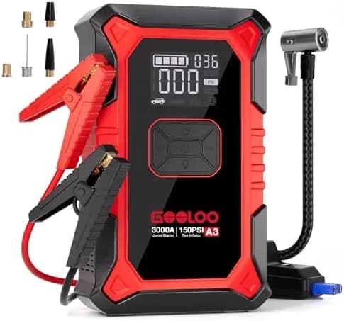 Portable jump starter with air compressor and clamps