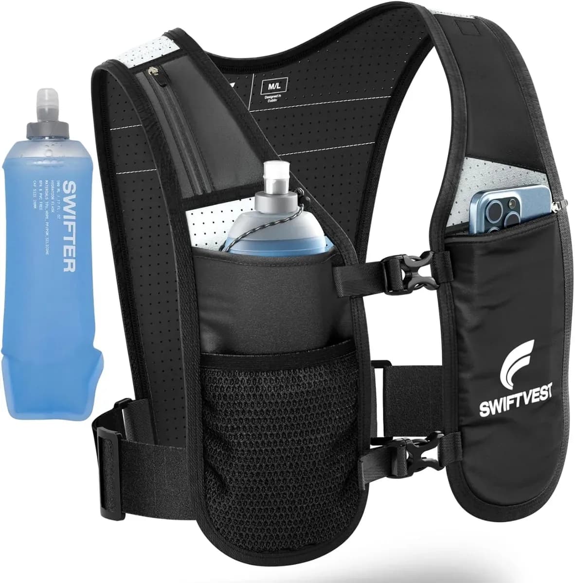 Black running hydration vest with 500 ml soft flask in the front pocket