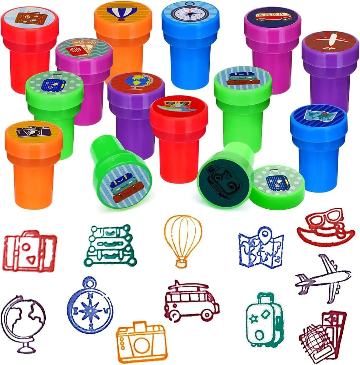 24 self-inking stampers for kids with adventure travel designs